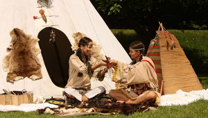 Devin and Klara - Luscious vixens Devin, darker hair, and Klara, brown hair, sit outside the teepee smoking a peace pipe, then they strip off their Indian costumes to fondle and lick each other&#039;s firm melons and perky nipples. Devin goes down on a sp