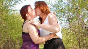 2 cougar and teen lesbians go at outside in the woods 